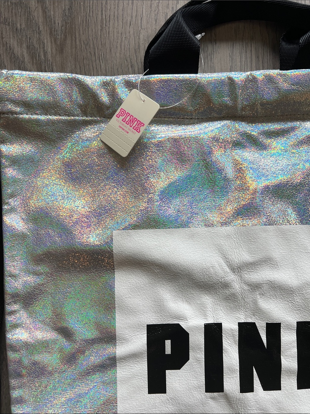 NWT PINK Victoria's Secret Holographic Silver Cinch Tote Backpack - Picture 2 of 3